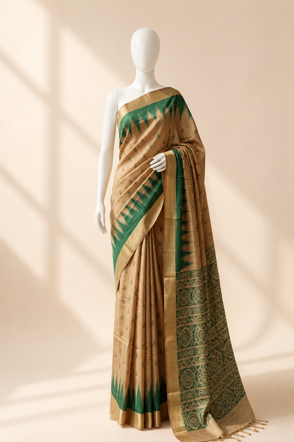 Beige Blended Tussar Silk Saree with Green Ikat Border and Pallu