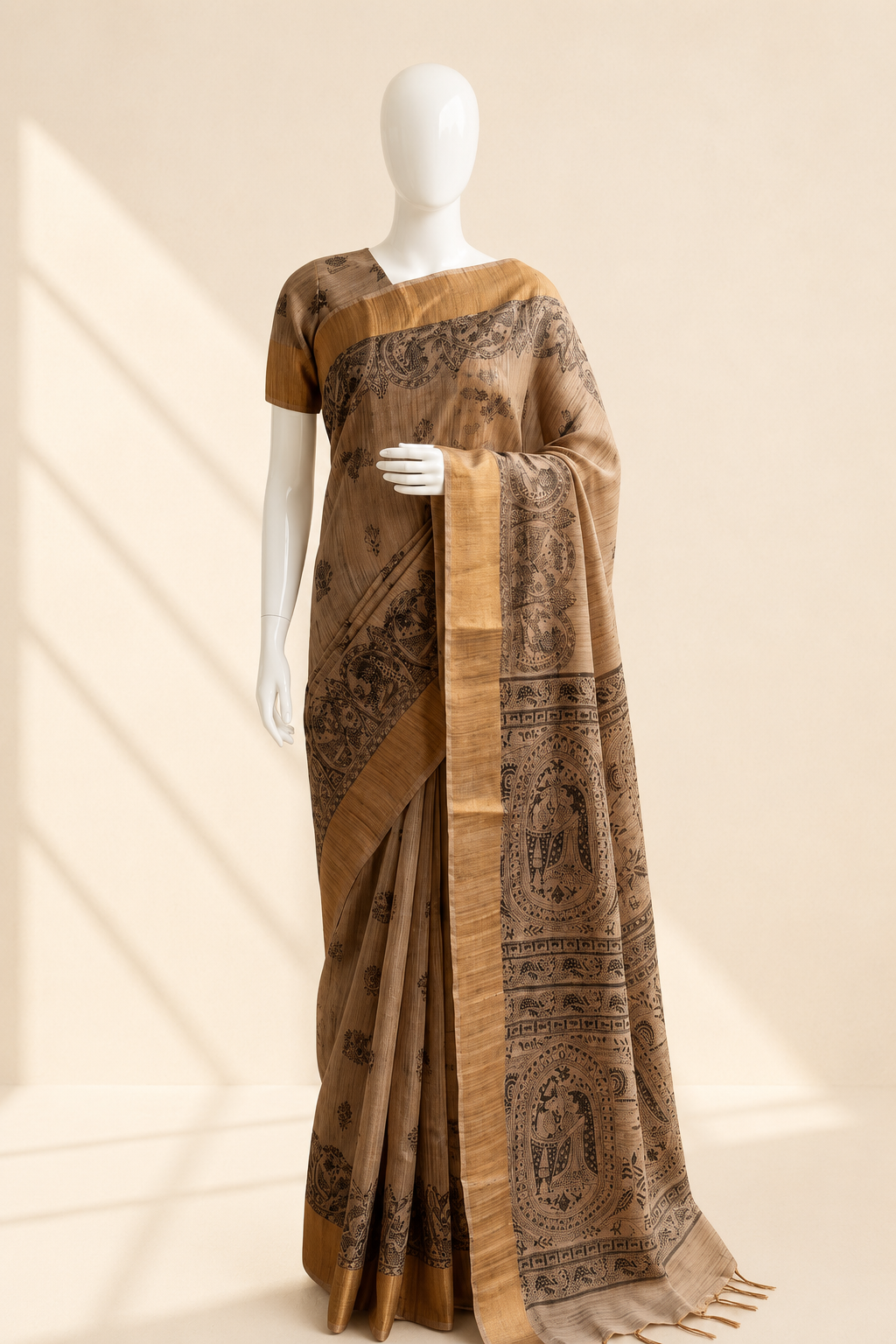 Beige Blended Tussar Silk Saree with Black Madhubani Print