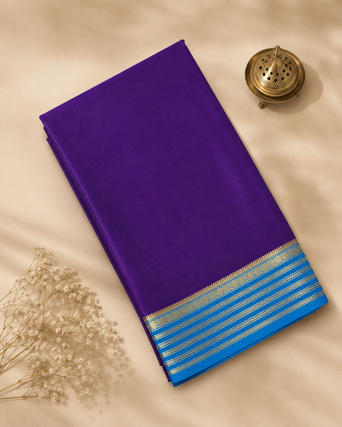 Royal Purple Mysore Crepe Silk Saree with Sky Blue Zari Border