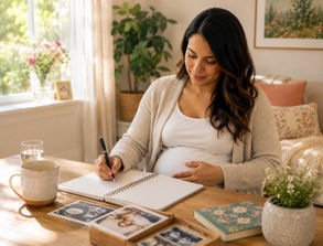 A pregnant woman writing a birth plan in a notepad at a table