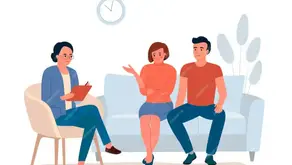 Illustrazione di una seduta di terapia di coppia con una psicologa e due partner seduti su un divano, impegnati nel dialogo.