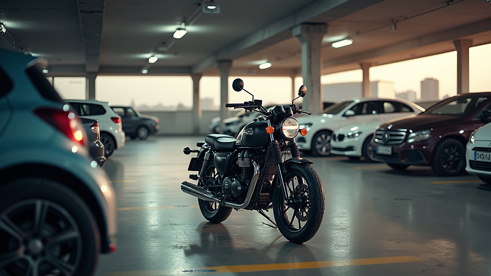 Vue rapprochée d'une moto d'occasion en vente sur un parking