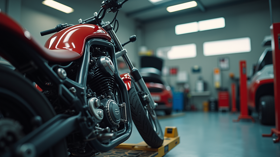 Vue rapprochée d'une moto d'occasion en inspection mécanique