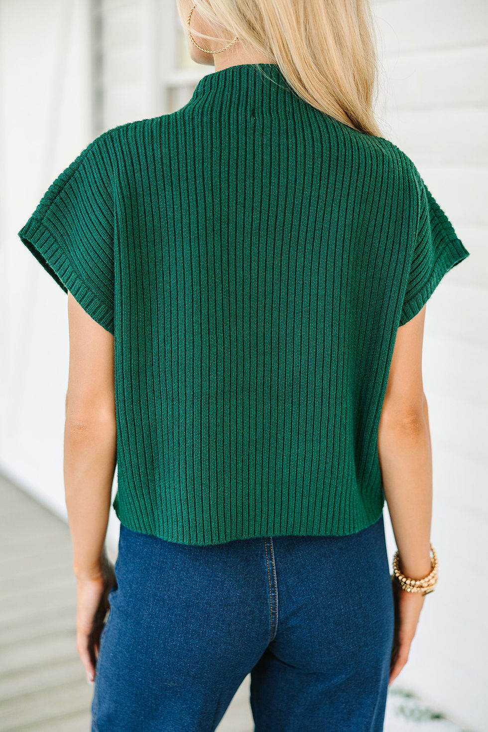 Thumbnail: Blackish Green Patch Pocket Ribbed Knit Short Sleeve Sweater