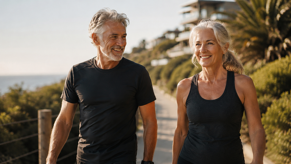Older man and woman walking outdoors after a strength session in morning light.