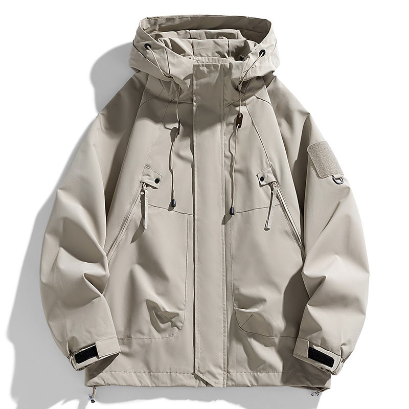 Windbreakers Men Hooded Jacket Zipper Coat Cargo Waterproof Black Bomber Camping
