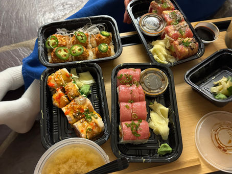 Sayori Sushi - Above: Bluefin Tuna Truffle roll (top right), Crispy Rice Tuna (top left), TNT roll (bottom right), Out of Control roll (bottom left), Miso soup (bottom left corner)