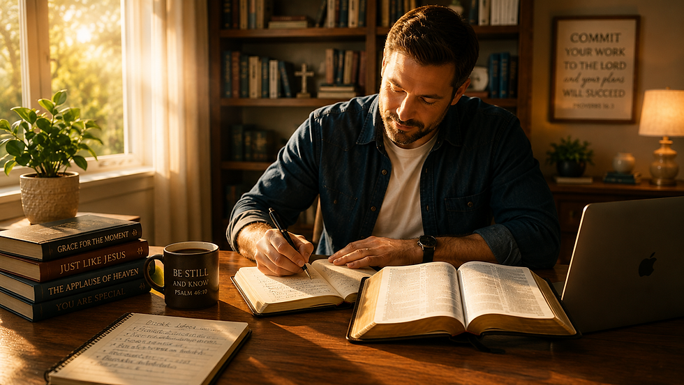 Christian author writing with an open Bible, demonstrating authentic and conversational faith-based writing.
