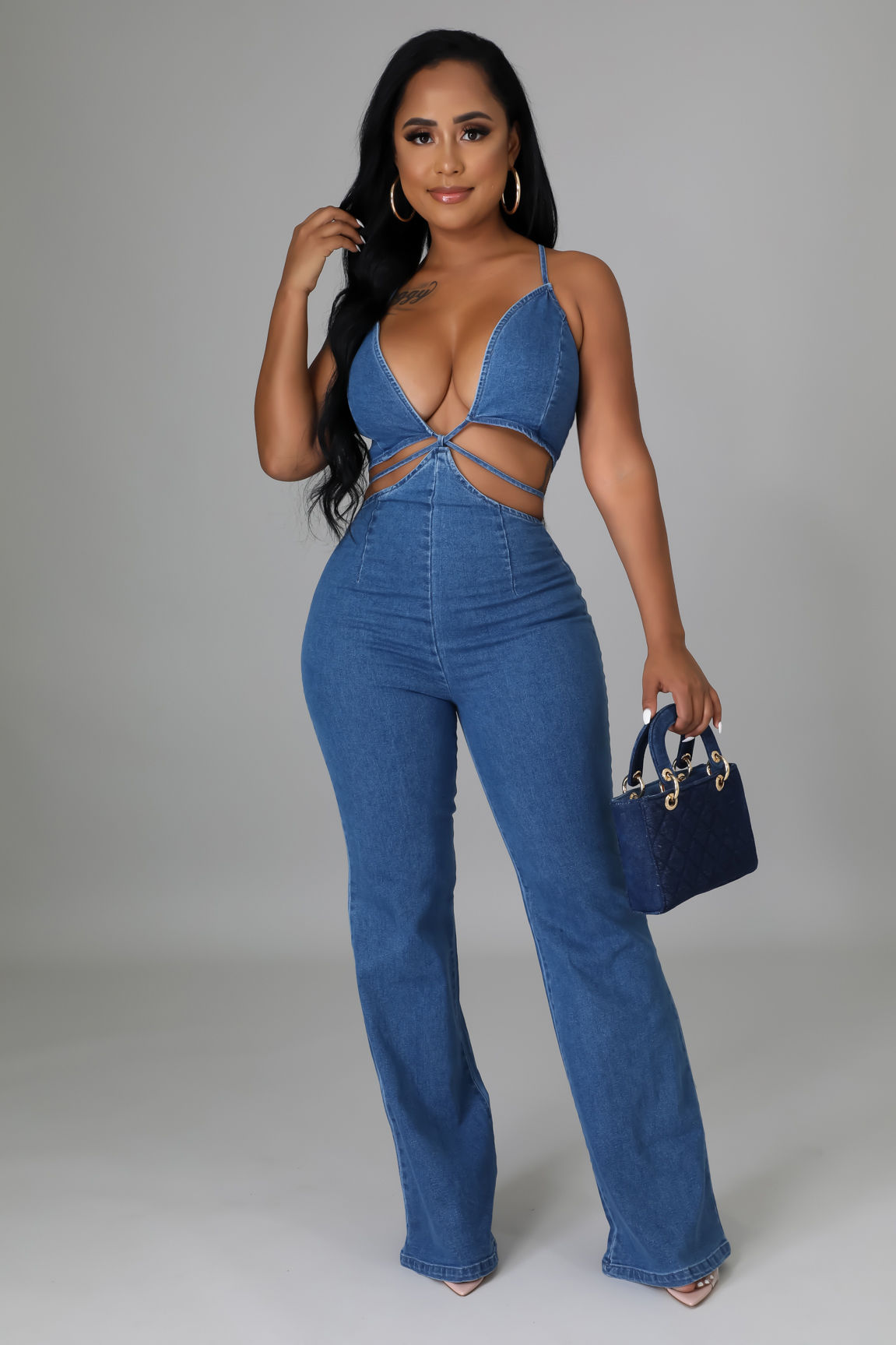 Flare Bottom Denim Jumpsuit