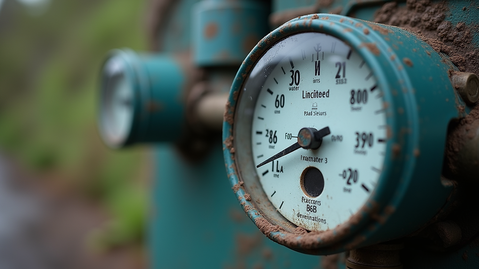 Close-up view of a water meter showing unusual readings