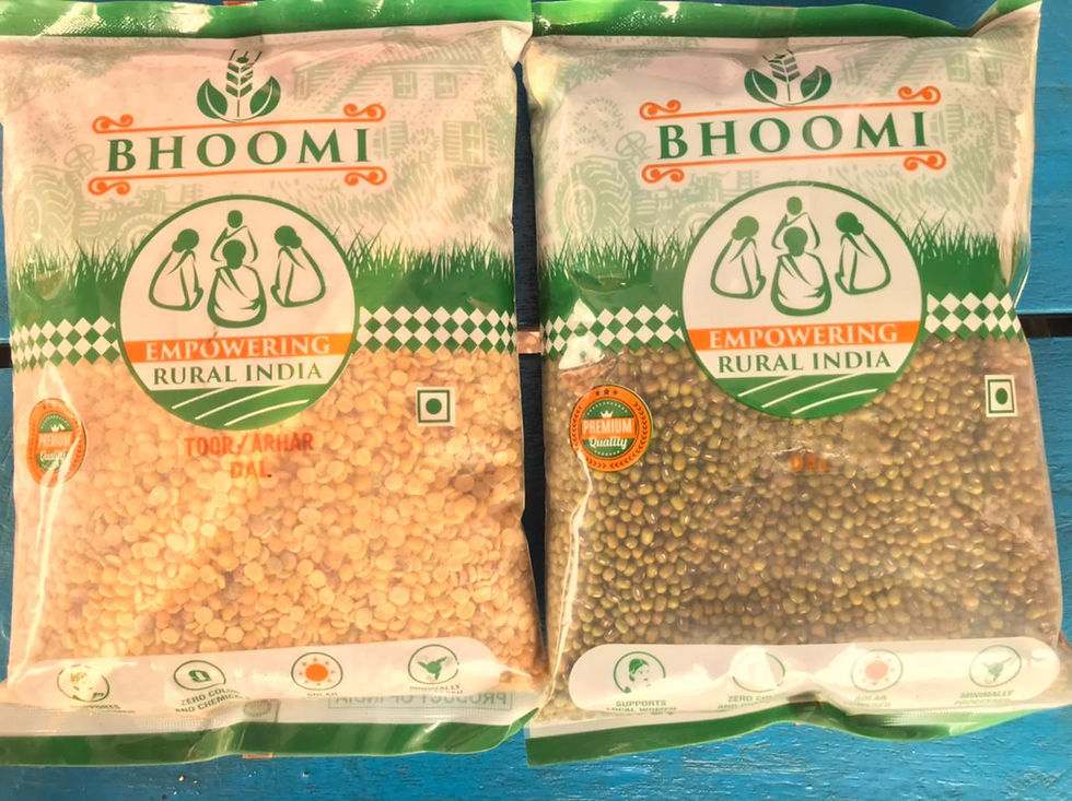 Display of Bhoomi Pulses, showcasing two vibrant packets of nutritious and pesticide-free pulses.