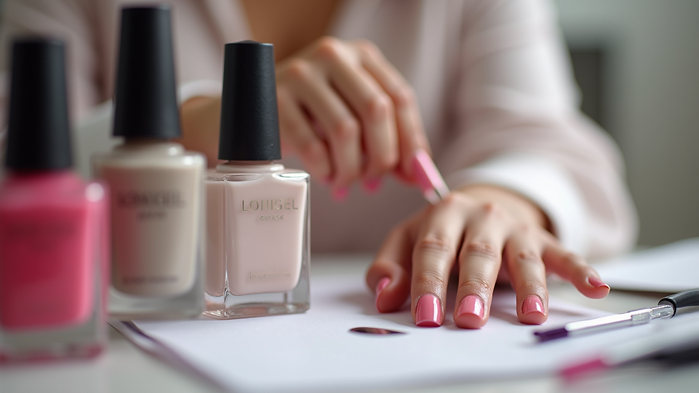 Close-up view of a nail technician's workspace with various nail products
