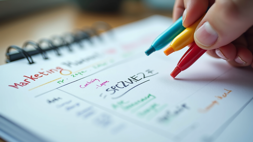 Close-up view of a marketing planner with notes and colorful markers