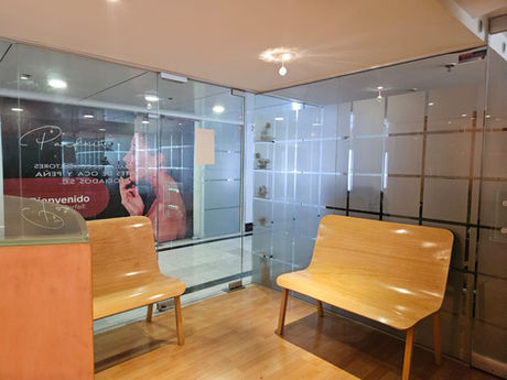 Recepción de oficina en el WTC México, con diseño moderno y minimalista. Mostrador de madera curvo y elegante, acompañado de paneles de vidrio esmerilado para privacidad y decoración. Espacio iluminado y acogedor, ideal para recibir clientes en un entorno profesional y sofisticado. Oficina ubicada en el World Trade Center de la Ciudad de México, perfecta para negocios que buscan una presencia en un centro corporativo de alto nivel.