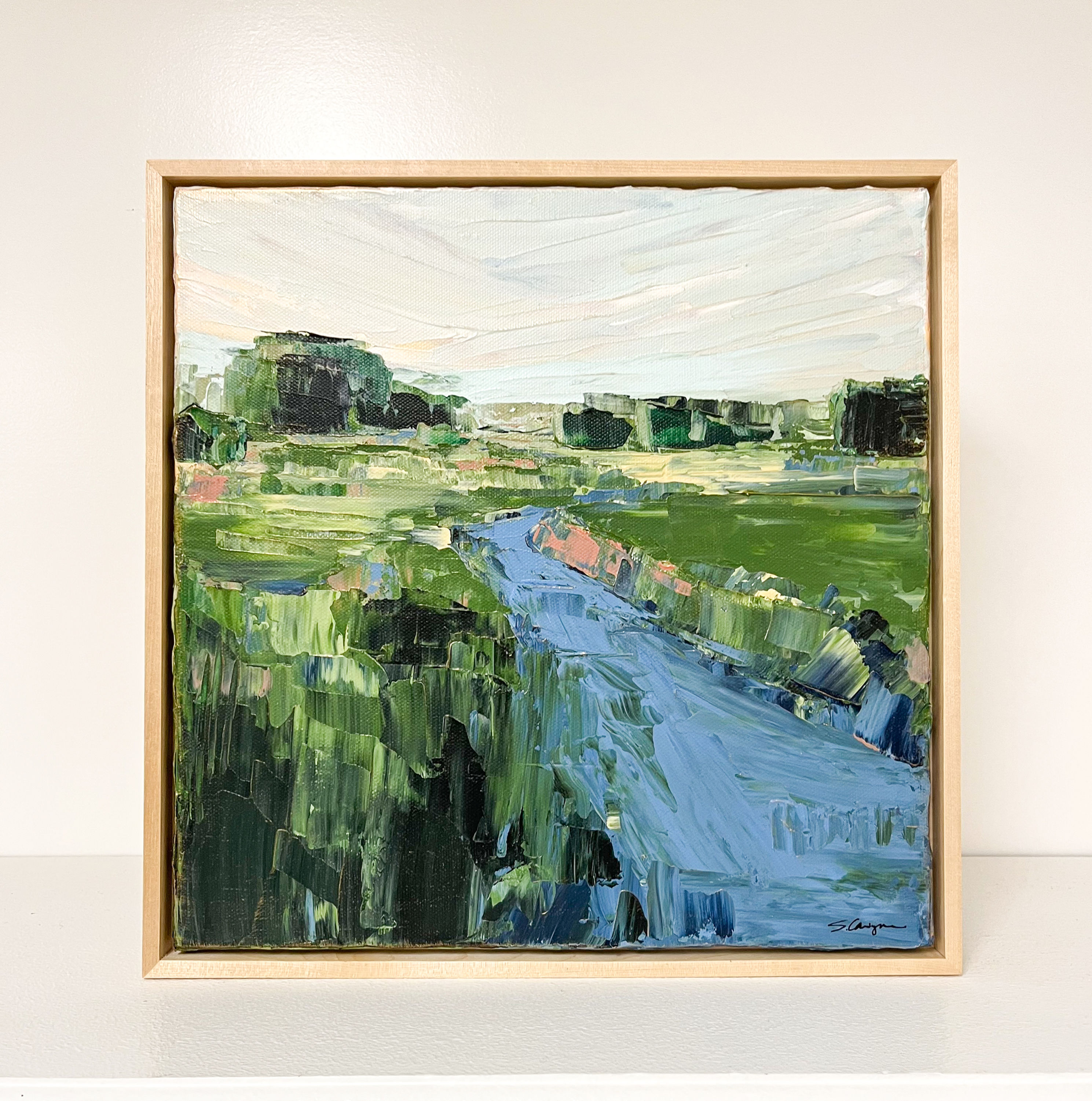 12x12" Short Grass, Blue River Landscape, No.2 - Framed