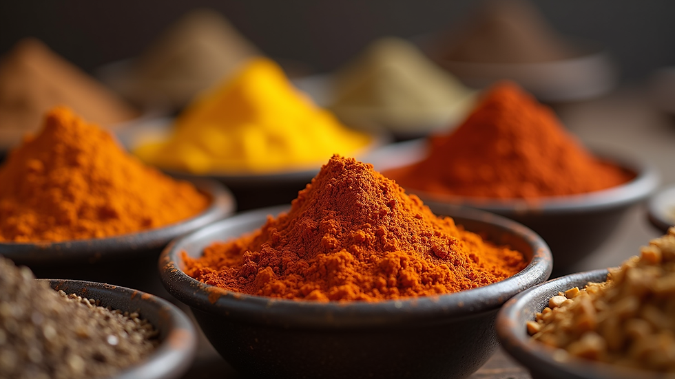 Close-up view of assorted Indian spices in bowls