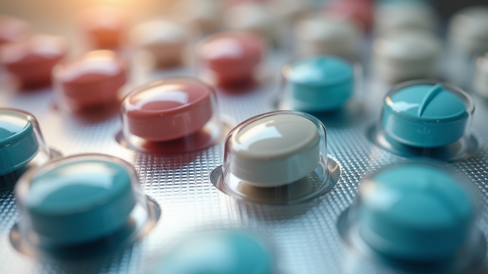 Close-up view of pharmaceutical capsules and tablets in packaging