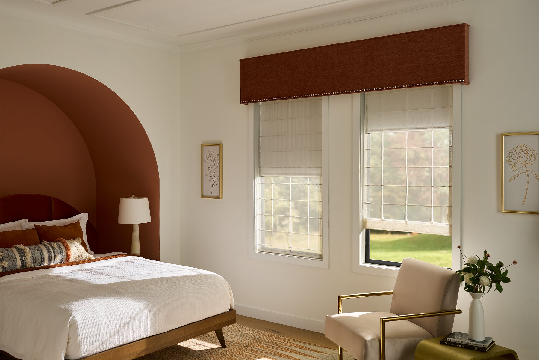 Horizons Roman shades in a solid linen-look fabric in a bedroom