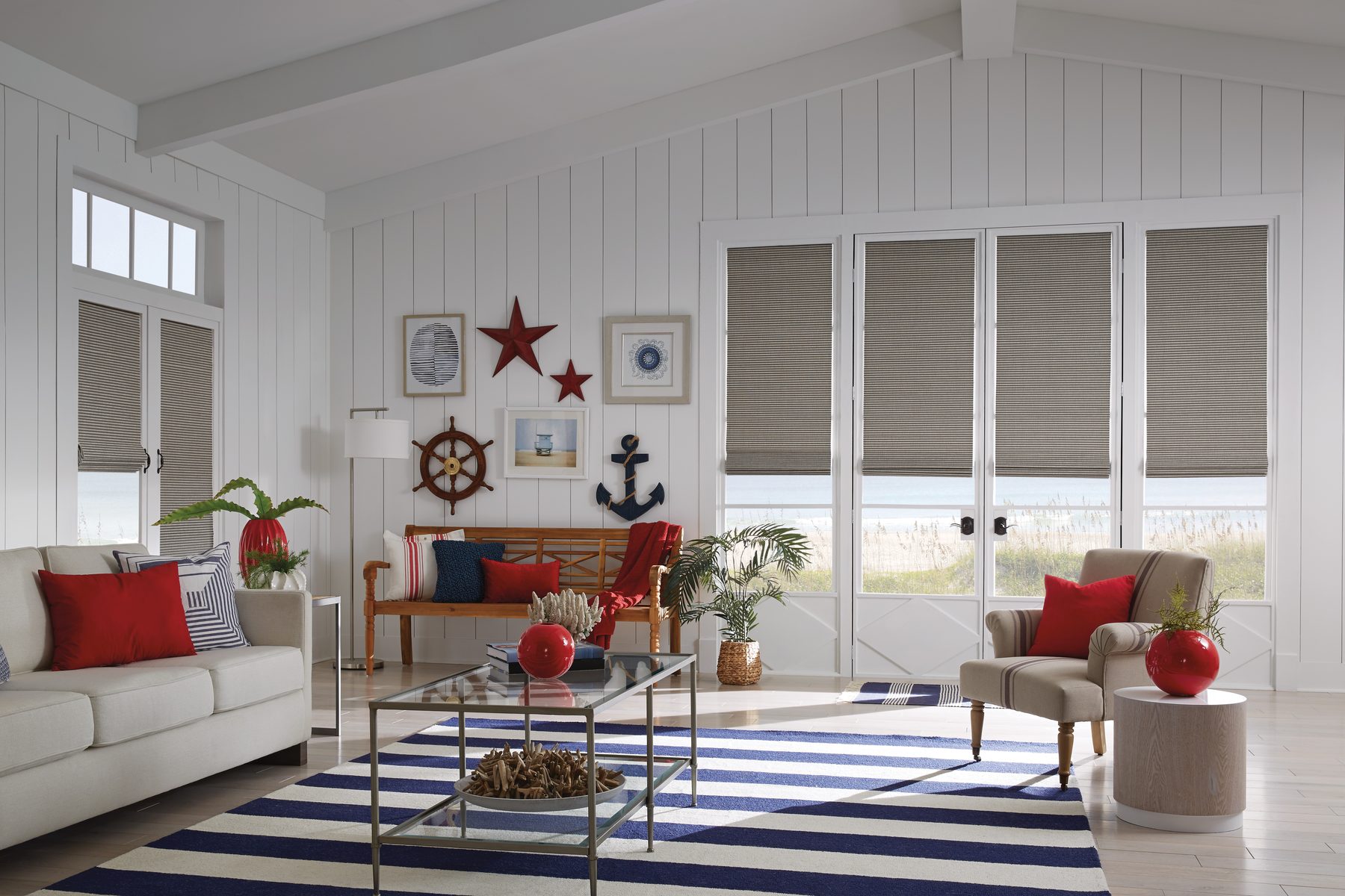 Horizons natural woven Roman shades in a living room