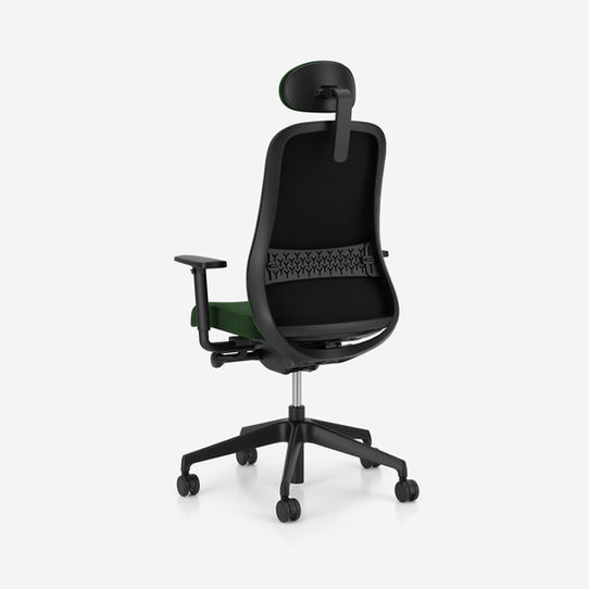 souly office swivel chair by nowy styl, upholstered backrest, 3d armrests, headrest, lumbar support, black frame, fabric kvadrat remix3 rx982 dark green