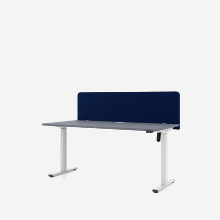 ecomo electrically height adjustable desk by nowy styl, 1600mm wide x 800mm deep x 720mm-1200mm high, frame colour white aluminium, melamine top colour ms slate grey, blue felt covered privacy screen