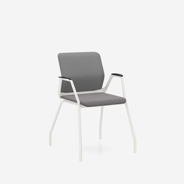 youteam visitor chair by nowy styl, 4 leg frame and armrests in pure white, castors, mesh back in gabriel runner rn60165 grey, fabric seat in camira era cse13 present-1