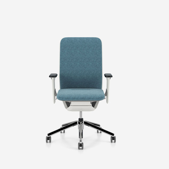 youteam executive office swivel chair by nowystyl, upholstered backrest, 3d armrests, lumbar support, white frame, polished aluminium base, fabric camira blazer cuz1r plymouth blue grey seat