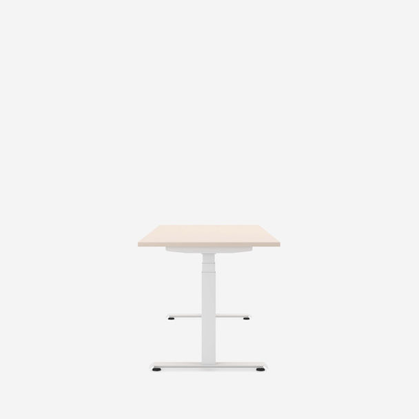 eup prime electrically height adjustable desk by nowy styl, 3 section frame. 1600mm wide x 800mm deep x 1300mm high, frame colour pure white, melamine top nk cashmere
