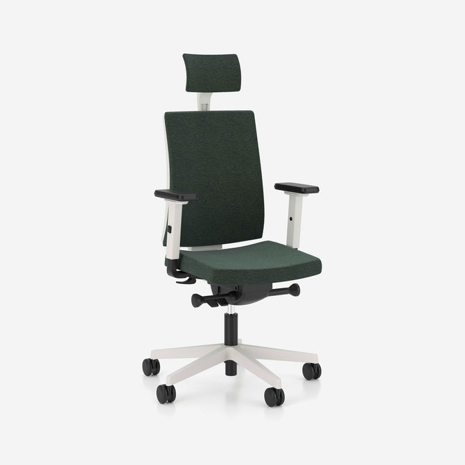 navigo office swivel chair by nowy styl, white frame, armrests, headrest, upholstered window backrest, white base, fabric- camira rivet egl34 green-1