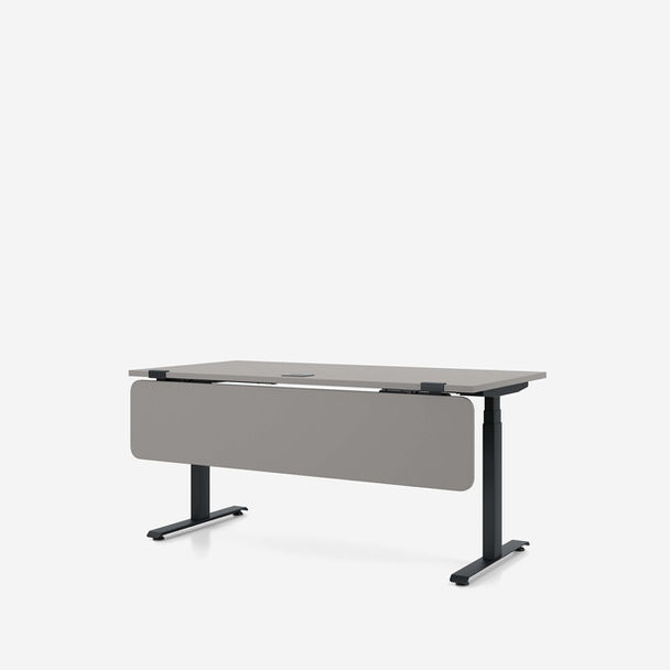 eup prime electrically height adjustable desk by nowy styl, 3 section frame. 1600mm wide x 800mm deep x 1300mm high, frame colour jet black, melamine top ms slate grey, modesty panel