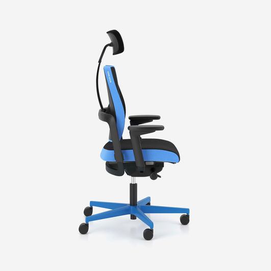 Xilium G - black and blue gaming chair by nowy styl, 4d armrests, headrest, duoback backrest, x-move lateral back movement, black frame, blue base, bondai fabric BN8033 black with BN6006 blue edge profile and white stitching