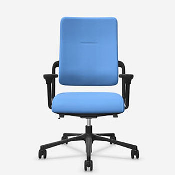 xenium basic office swivel chair with an upholstered backrest, 3D armrests and black base finished in a blue fabric