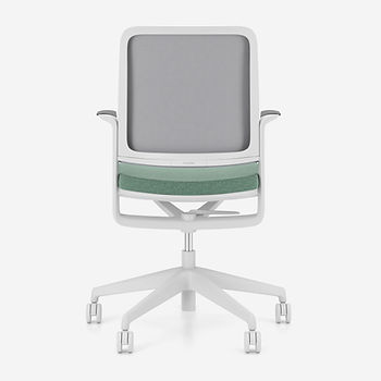 withme swivel chair with a mesh backrest and armrests-light grey frame finish and a pale green fabric seat