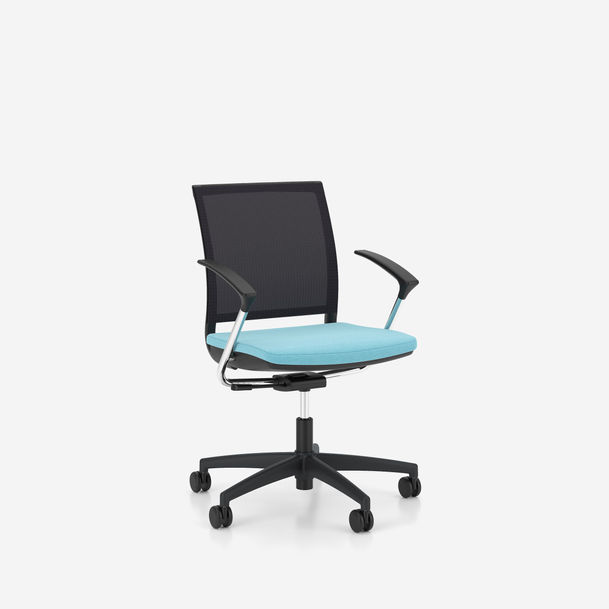 sail conference swivel chair by nowy styl, black base,mesh backrest,chrome and black armrests, fabric camira era cse20-1