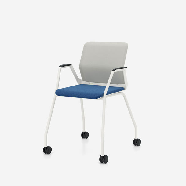 youteam visitor chair by nowy styl, 4 leg frame and armrests in pure white, castors, mesh back in gabriel runner rn60061 grey, fabric seat in camira blazer cuz1w newcastle-7