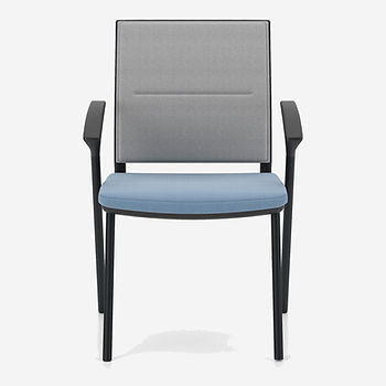 sail meeting chair by nowy styl, mesh upholstered backrest, armrests, black frame, pale blue seat, light grey backrest