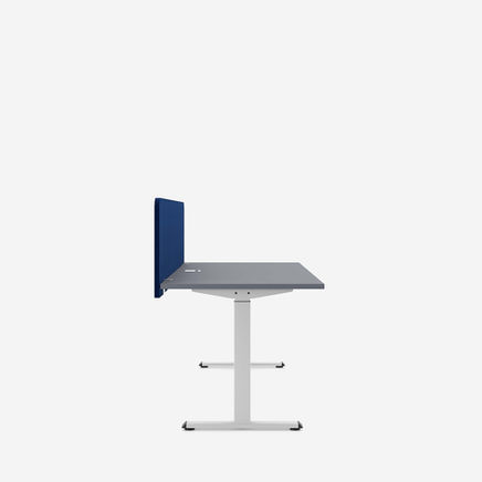 ecomo electrically height adjustable desk by nowy styl, 1600mm wide x 800mm deep x 720mm-1200mm high, frame colour white aluminium, melamine top colour ms slate grey, blue felt covered privacy screen