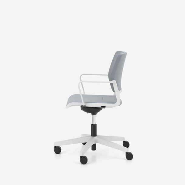 xilium swivel conference meeting chair by nowy styl, upholstered backrest, white armrests, white frame, white base, fabric fidivi bondai bn8078 light grey