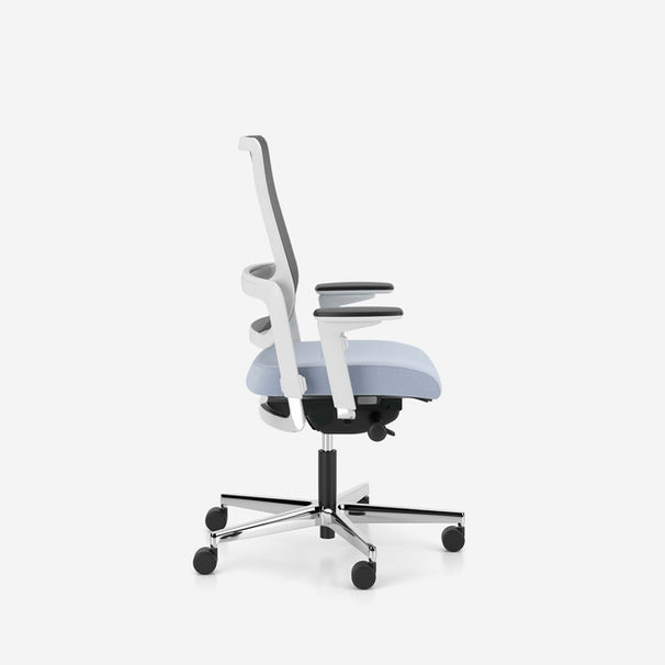xilium office swivel chair by nowy styl 3d armrests mesh backrest white frame and polished aluminium base fabric lucia by camira yb086 light grey, ax02 mesh back black