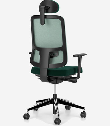 utila office swivel chair with a mesh backrest, black frame, 3D armrests and headrest in a green fabric and green mesh back