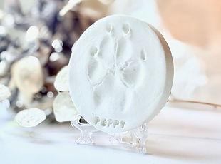 clay imprint of a pet cat or dog or rabbit or mouse paw with a stand custom made as a grief keepsake