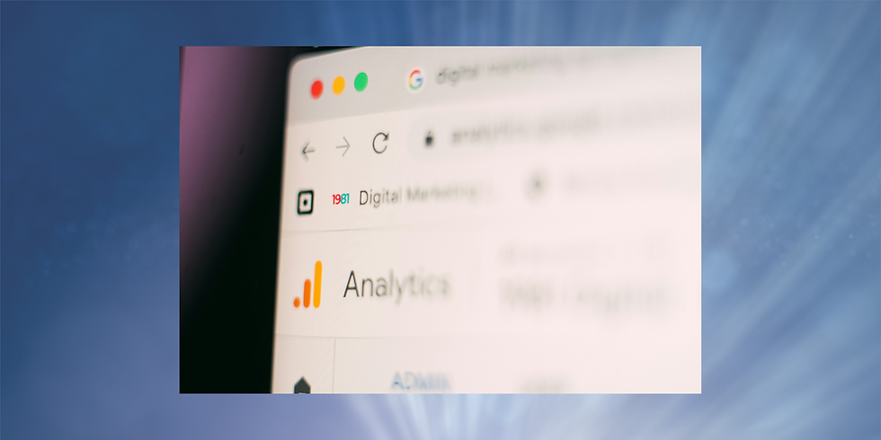 Close-up of a browser window showing "Analytics" with colorful browser tabs and blurred background, conveying a focus on digital data.