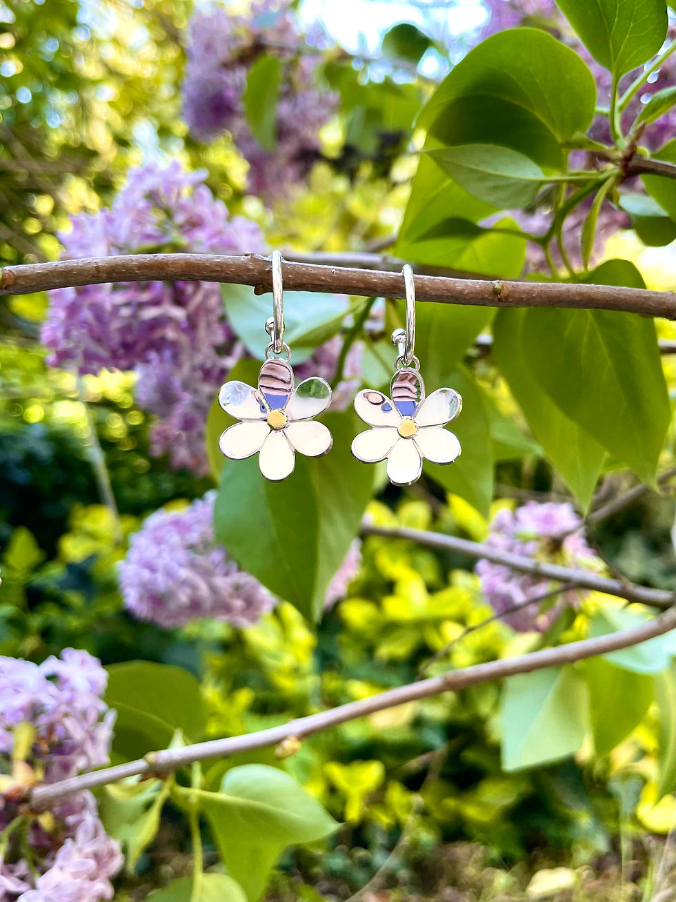 Créoles en argent, avec un pendentif en forme de fleur, vues de face.
