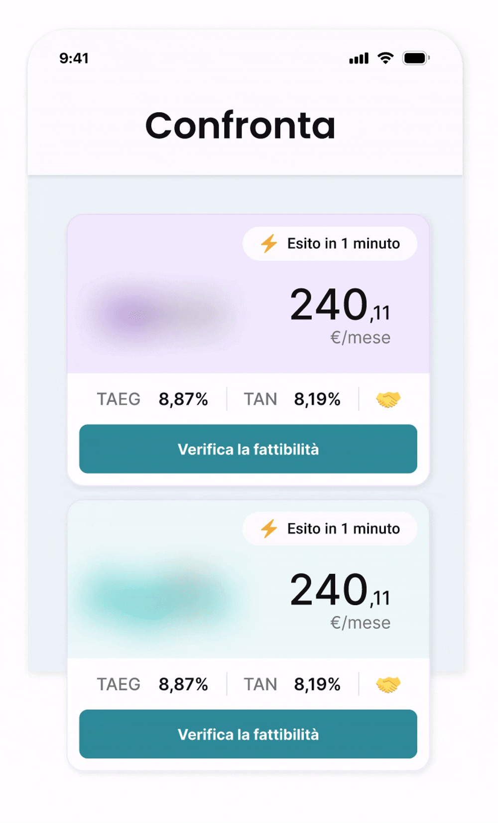 Illustrazione animata della lista di offerte di prestito (carte) nel comparatore di Zenso. Una card viene selezionata e la scheda prodotto dettagliata si apre
