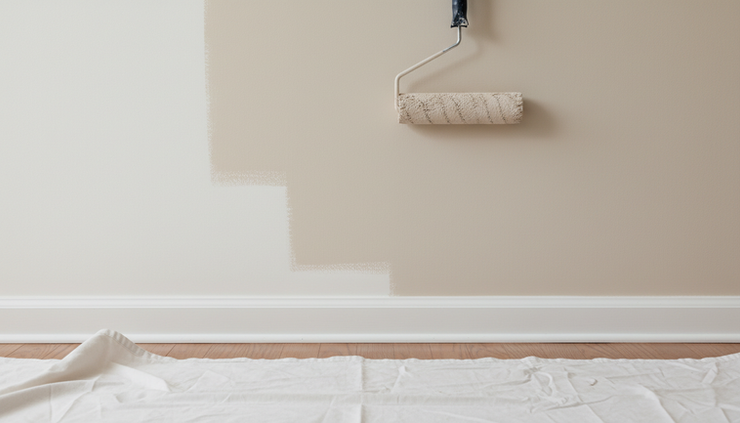 Close-up view of a paint roller applying neutral paint to an interior wall