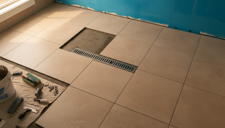 Overhead view of bathroom tile being installed around a shower drain