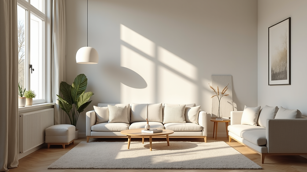 Wide angle view of a freshly painted and staged living room