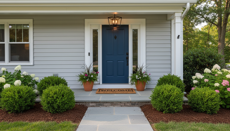 Eye-level view of a refreshed front porch with new lighting and clean landscaping