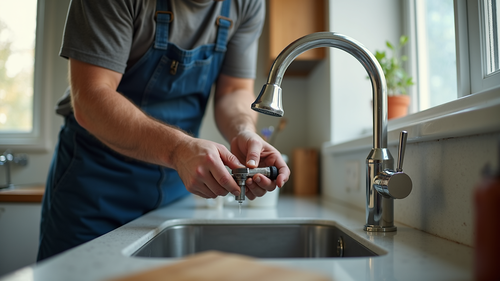 Close-up view of a handyman fixing a kitchen faucet