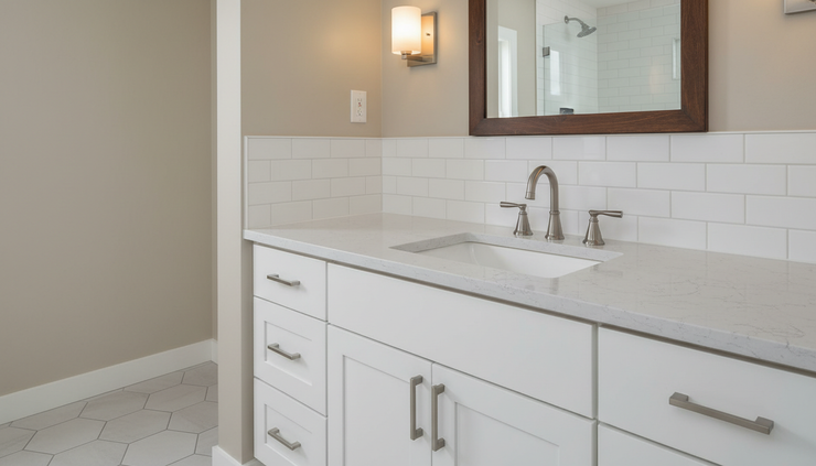 Close-up view of a remodeled bathroom vanity with simple fixtures and bright tile